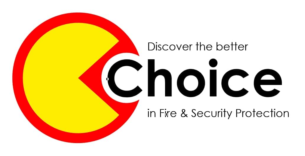 Choice logo with yellow and red graphic and text about fire and security protection.