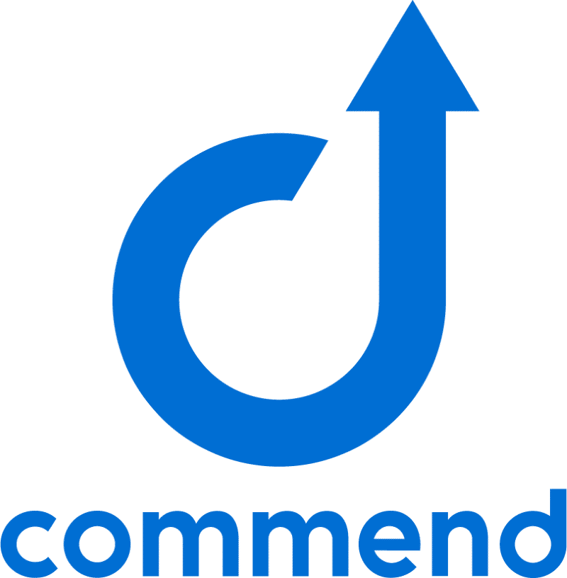 Blue circular arrow pointing up with the word "commend" below in blue text.