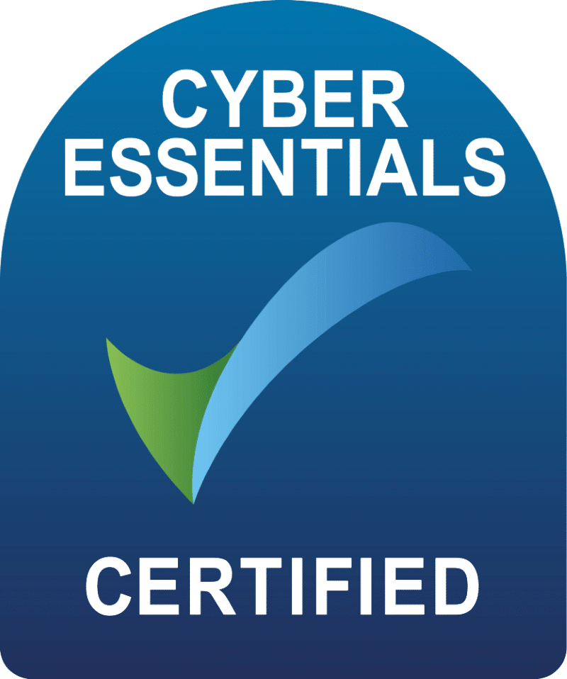 Cyber Essentials Certified logo with a green and blue check mark on a blue background.