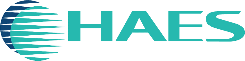 The HAES logo with stylized blue and teal text and a half-circle graphic on the left.