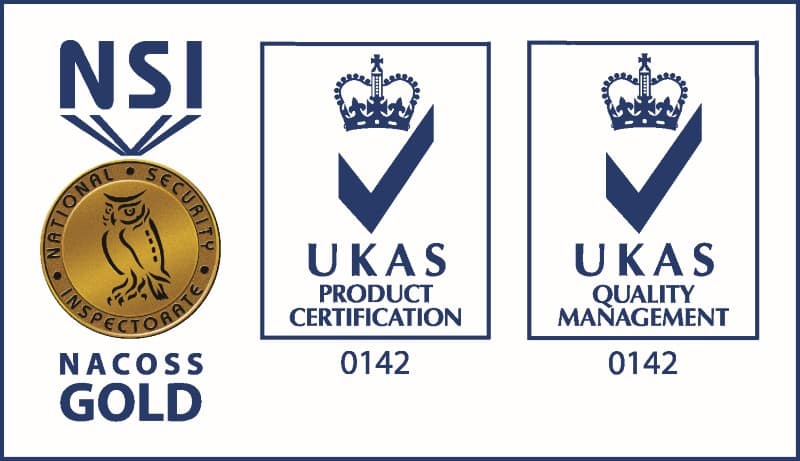 NSI Gold, UKAS Product Certification, and UKAS Quality Management logos with gold and blue accents.