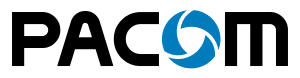 Black "PACOM" text logo with a blue circular design in the letter "O" on a transparent background.