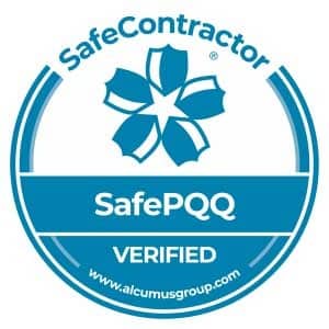 SafeContractor SafePQQ verified blue badge with a flower logo and website link.