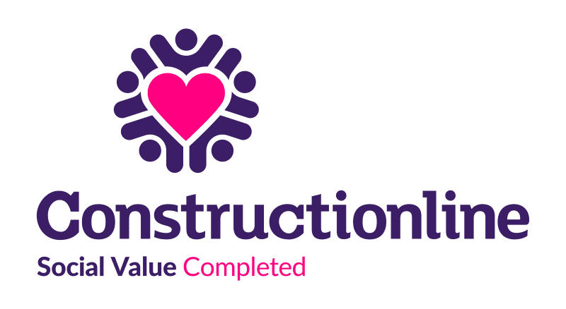 Constructionline logo with a pink heart and the text "Social Value Completed".