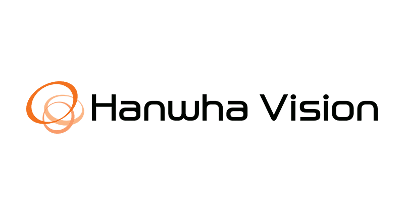 Hanwha Vision logo with black text and an orange abstract symbol on the left.